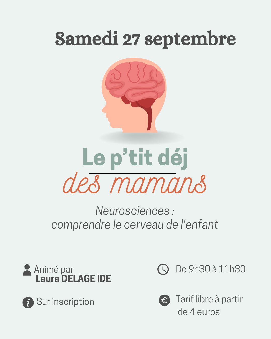 Autour d’un p'tit dej durant un moment convivial entre mamans, Laura te fera découvrir comment fonctionne le cerveau des enfants et t'aidera à repartir avec des clés simples pour mieux comprendre leurs réactions au quotidien. 🌸